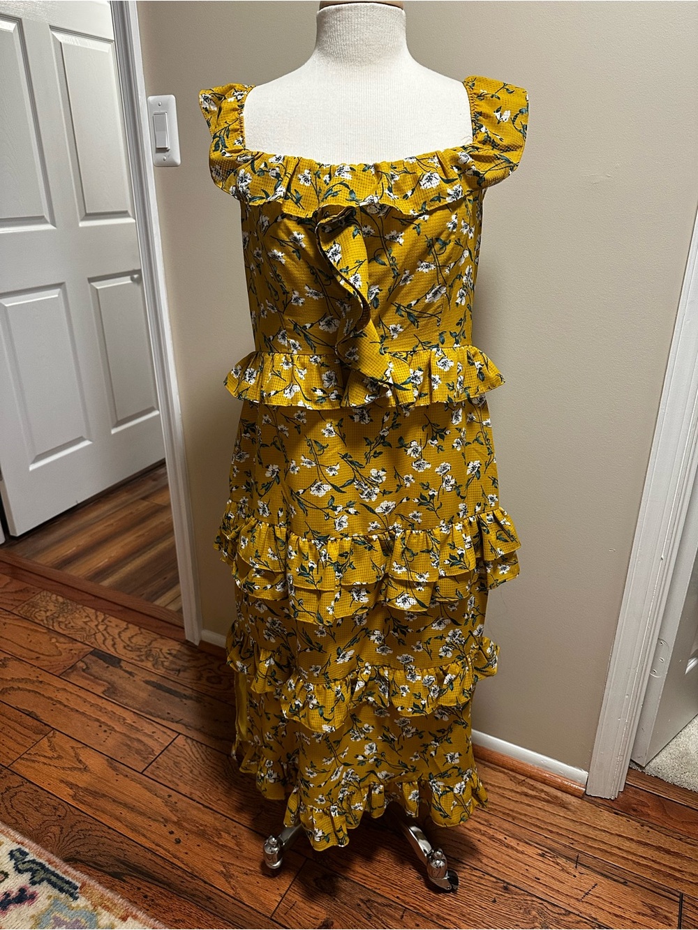 Tularosa Mustard Yellow Floral Ruffle Midi Dress